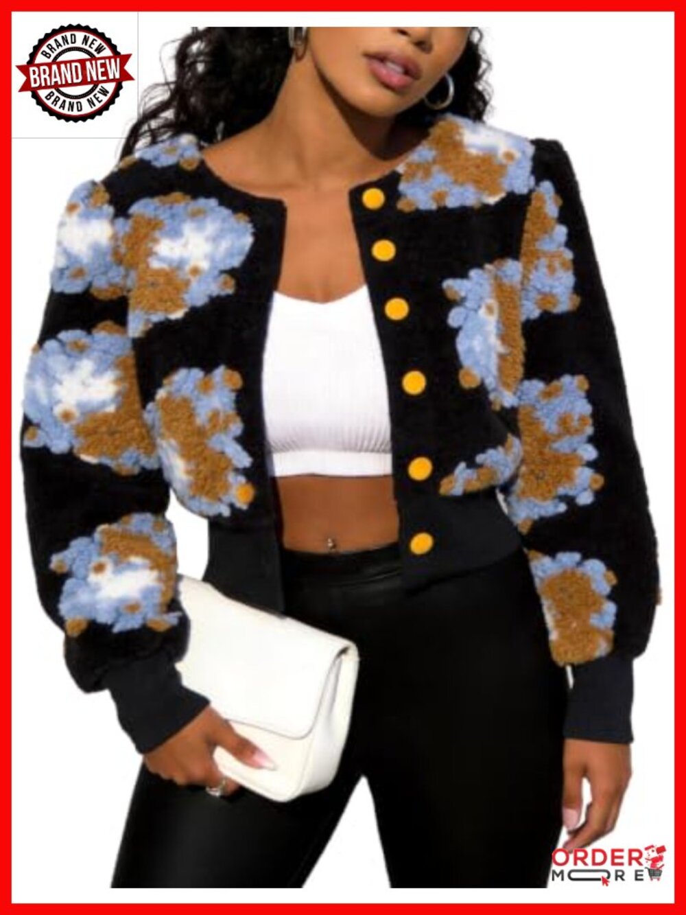 Flygo Floral Fleece Bomber Jacket Cropped Button-Down Casual Coat
